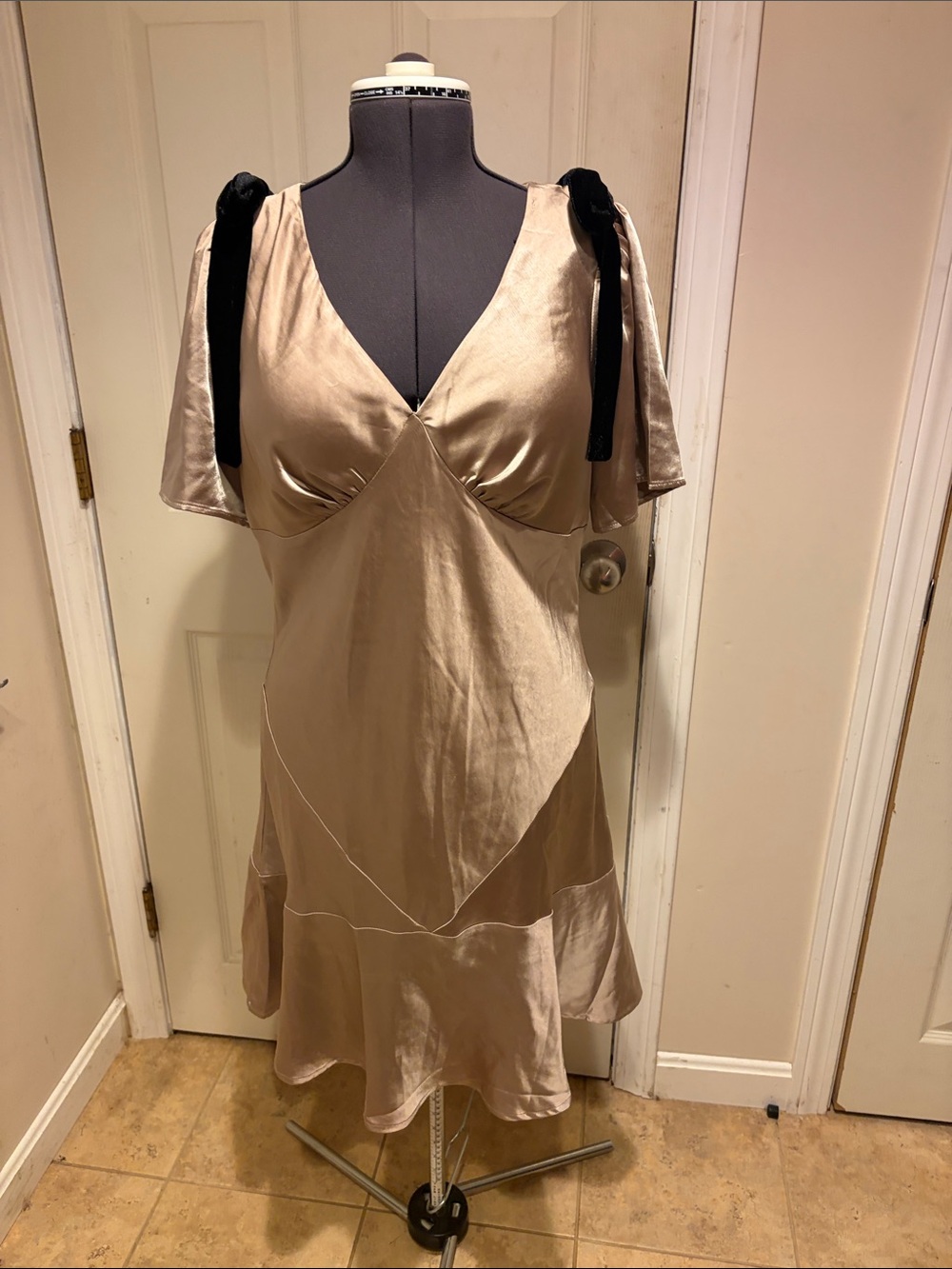 19 Cooper Satin Mini Dress in Champagne with Black Shoulder Ties